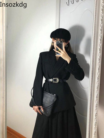 Lnsozkdg Elegant 2023 Spring Autumn Women's Business Blazer Top+Tulle Slit Skirt Female Casual Solid Two Pieces Sets