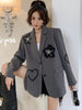 Lnsozkdg Grey Oversized Women Blazers Three-dimensional Flower Heart Embroidery Silhouette Suit Jacket Women's Casual Suit Coats
