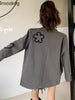 Lnsozkdg Grey Oversized Women Blazers Three-dimensional Flower Heart Embroidery Silhouette Suit Jacket Women's Casual Suit Coats