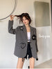Lnsozkdg Grey Oversized Women Blazers Three-dimensional Flower Heart Embroidery Silhouette Suit Jacket Women's Casual Suit Coats