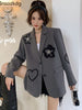 Lnsozkdg Grey Oversized Women Blazers Three-dimensional Flower Heart Embroidery Silhouette Suit Jacket Women's Casual Suit Coats