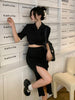 Lnsozkdg Spring Autumn Black 2 Pieces Set Women Lady Temperament Formal Casual Short Cropped Coat High Waist Skirt Slim Suits
