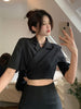 Lnsozkdg Spring Autumn Black 2 Pieces Set Women Lady Temperament Formal Casual Short Cropped Coat High Waist Skirt Slim Suits