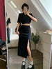 Lnsozkdg Spring Autumn Black 2 Pieces Set Women Lady Temperament Formal Casual Short Cropped Coat High Waist Skirt Slim Suits