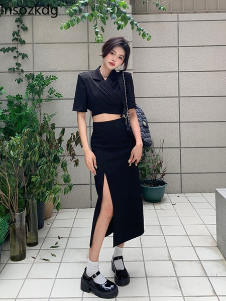 Lnsozkdg Spring Autumn Black 2 Pieces Set Women Lady Temperament Formal Casual Short Cropped Coat High Waist Skirt Slim Suits