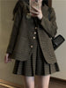 Lnsozkdg Spring Autumn Korean Plaid Blazer Sets College Style Woolen Suit Coat+high Waist Pleated Skirt Two-piece Women Harajuku