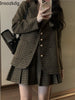 Lnsozkdg Spring Autumn Korean Plaid Blazer Sets College Style Woolen Suit Coat+high Waist Pleated Skirt Two-piece Women Harajuku