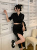 Lnsozkdg Temperament Set Female 2023 Summer Tie-back Suit Jacket + Split Skirt Two-piece Set Women Suit Skirts Solid