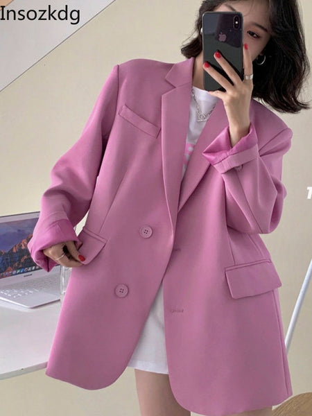 Lnsozkdg Women Casual Pure Color Autumn Blazer Notched Collar Long Sleeve Loose Jacket FashionTide Autumn 2023 Traf Harajuku