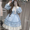 Lolita Style Dress Women Lace Maid Costume Dress Long Sleeve Kawaii Loose Soft Sisters   Female Cute  Sweet Mid Dress