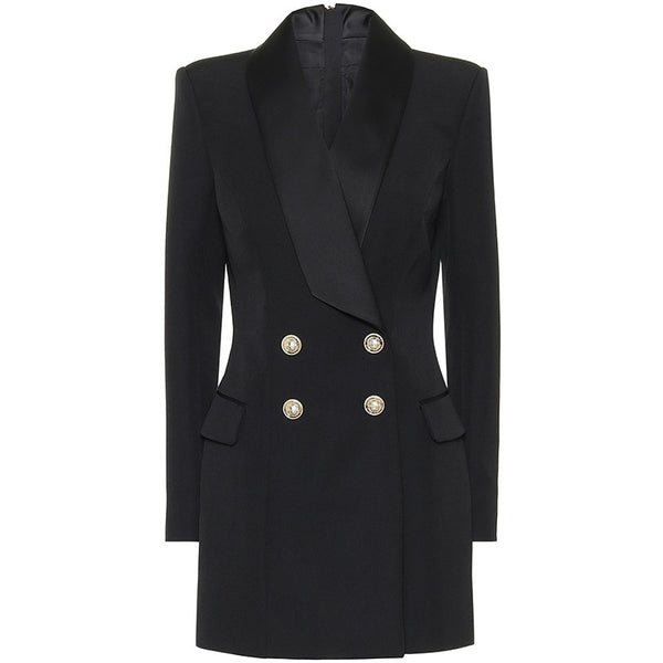 Long Blazer Dress 2022 Spring Black White Coat Classic Double Breasted Back Zippe Satin Shawl Collar Women Blazer Suit Dress