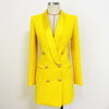 Long Blazer Dress Yellow 2023 Spring Jacket Women Double Breasted Gold Button Satin Collar Women Blazer Suit