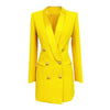 Long Blazer Dress Yellow 2023 Spring Jacket Women Double Breasted Gold Button Satin Collar Women Blazer Suit