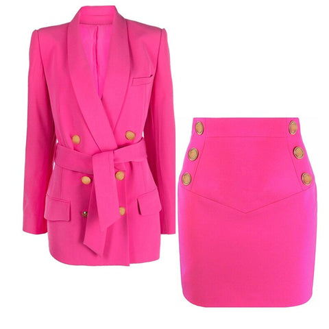 Long Blazer Women 2023 Pink Double Breasted Gold Lion Button Shawl Collar Belt Suit Jacket Fluorescent Business Blazers