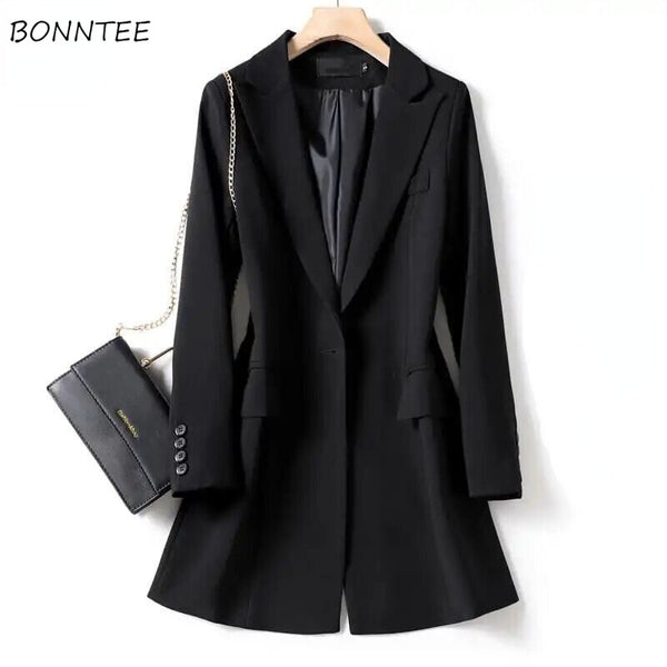 Long Blazers Women Minimalist Pure Design Slim All-match Daily Office Leisure Stylish Korean Style Female Classic Notched Basic