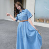 Long Denim Dress Women 2022 Summer Short-Sleeved Maxi Ankle-Length Jeans Pockets Buttons Korean  Casual Clothes Outwear