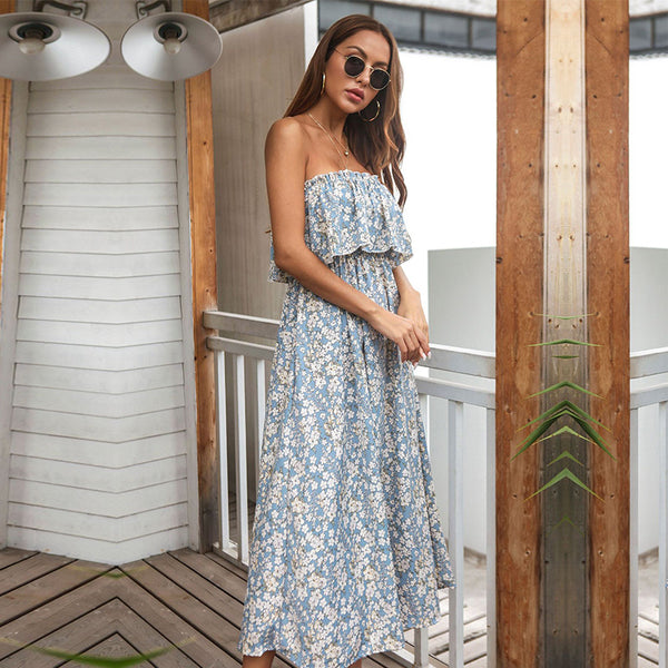 Long Dress Women Casual Bandeau Holiday Style Printed For Spring Summer Strapless Ruffled Floral Dresses 2023 New