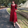 Long Dress Women Solid Elegant French Style Ladies Square Collar Puff Sleeve Drape Dresses High Waist Simple Party Vestidos Chic