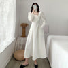 Long Dress Women Solid Elegant French Style Ladies Square Collar Puff Sleeve Drape Dresses High Waist Simple Party Vestidos Chic