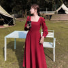 Long Dress Women Solid Elegant French Style Ladies Square Collar Puff Sleeve Drape Dresses High Waist Simple Party Vestidos Chic