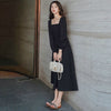 Long Dress Women Solid Elegant French Style Ladies Square Collar Puff Sleeve Drape Dresses High Waist Simple Party Vestidos Chic