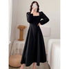 Long Dress Women Solid Elegant French Style Ladies Square Collar Puff Sleeve Drape Dresses High Waist Simple Party Vestidos Chic