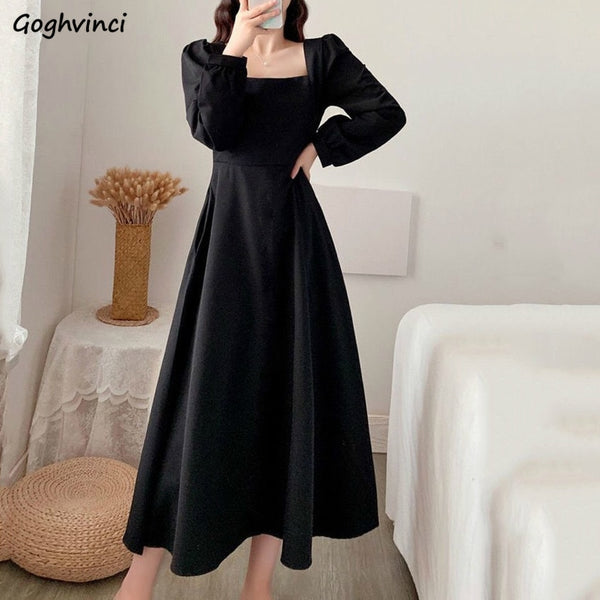 Long Dress Women Solid Elegant French Style Ladies Square Collar Puff Sleeve Drape Dresses High Waist Simple Party Vestidos Chic