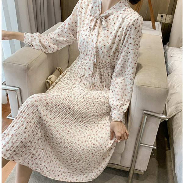 Long Midi Dress Elegant White Floral Bow Tie Pleated Dress Chic Long Sleeve A-Line Slim Casual Dress Autumn Winter 2022 vestido
