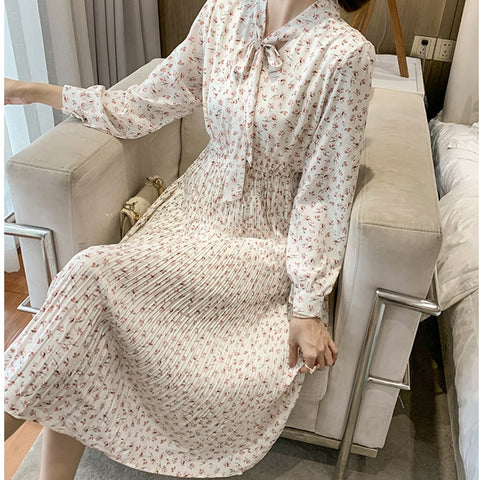 Long Midi Dress Elegant White Floral Bow Tie Pleated Dress Chic Long Sleeve A-Line Slim Casual Dress Autumn Winter 2022 vestido