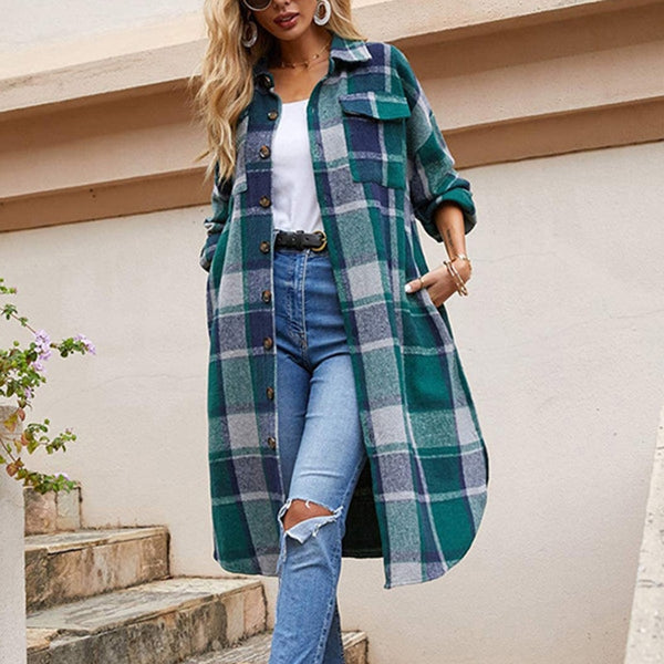 Long Shirt Jacket Winter Plaid Shirt Women Checkered Jacket Coat Oversized Woolen Overcoat Female Loose Thick Outerwear