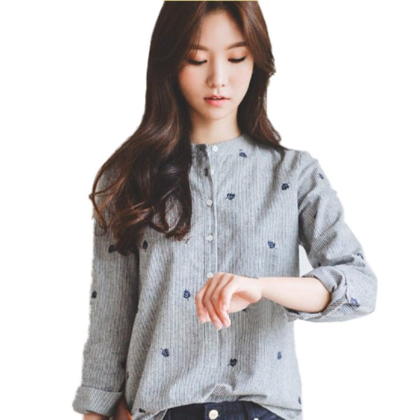 Long Sleeve Blouses Embroidered Flower Leaves Shirts Ladies Casual Shirt Tops Female Striped Casual Blusas