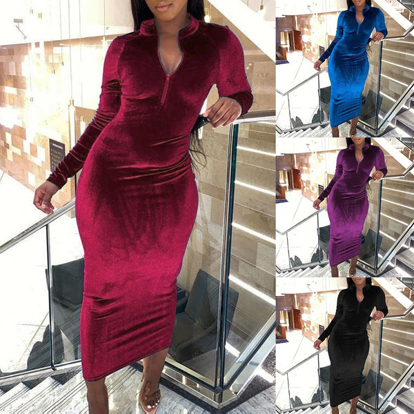 Long Sleeve Bodycon Dress Zipper Polyester Midi Straight Bodycon Dress Spring/Autumn Women V-Neck Machine Washable Casual