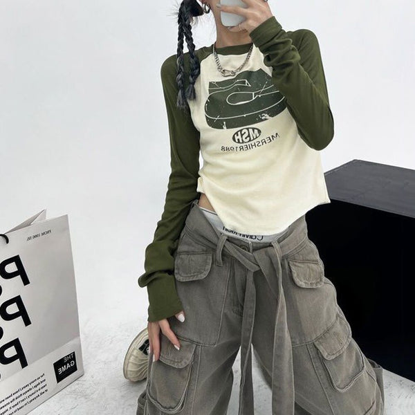 Long Sleeve Crop Tops Y2k Aesthetic Letter Print 90s T-shirt Vintage Japanese Style Graphic Harajuku Slim Fit Vintage Tees Shirt