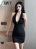 Long Sleeve Cross strap Hanging Neck  Backless Hollow Sexy Bodycon WomenTwo-Piece Slim Hip Evening Party Dress Ladies