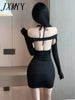 Long Sleeve Cross strap Hanging Neck  Backless Hollow Sexy Bodycon WomenTwo-Piece Slim Hip Evening Party Dress Ladies