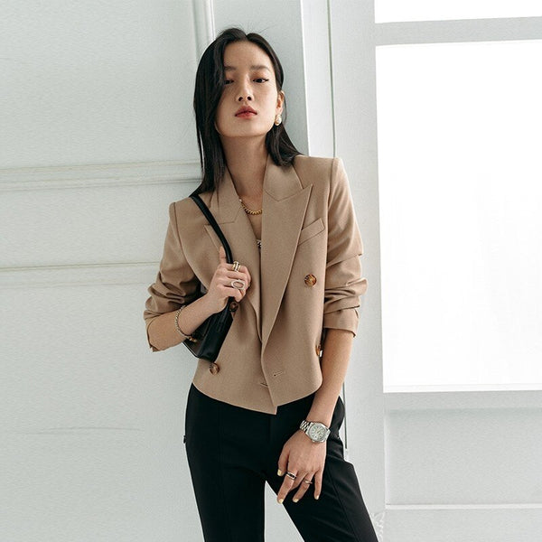 Long Sleeve Double Breasted Crop Blazers for Women High Street Suit Outwear Ladies Office Wear Short Suit Jacket Spring Autumn