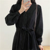 Long Sleeve Dress Women Elegant Black Classy All-match Midi Solid A-Line Sashes College V-Neck Charm Empire Vestido Temperament