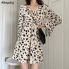 Long Sleeve Dress Women Floral Print Spring Basic Slim Temperament Lightweight V-neck Elegant Sweet Lady Dresses Apricot Classy