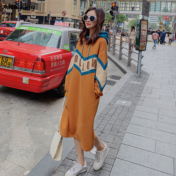 Long Sleeve Dress Women Loose Fall Warm All-match Korean Style Midi Thickening Baggy Plus Size 4XL Basic Patchwork Orange