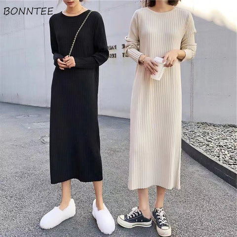 Long Sleeve Dress Women Friends Korean Style Skinny Maxi Knitted Solid Simple Casual Warm Elasticity O-neck Harajuku Vestido