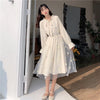 Long Sleeve Dress Women Patchwork Bow Collar Embroidery Elegant College Trendy Causal Holiday Ulzzang Empire Lovely Fall Apricot