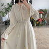 Long Sleeve Dress Women Patchwork Bow Collar Embroidery Elegant College Trendy Causal Holiday Ulzzang Empire Lovely Fall Apricot