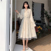 Long Sleeve Dress Women Patchwork Bow Collar Embroidery Elegant College Trendy Causal Holiday Ulzzang Empire Lovely Fall Apricot