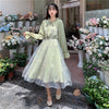 Long Sleeve Dress Women Patchwork Bow Collar Embroidery Elegant College Trendy Causal Holiday Ulzzang Empire Lovely Fall Apricot