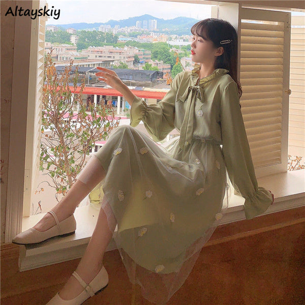 Long Sleeve Dress Women Patchwork Bow Collar Embroidery Elegant College Trendy Causal Holiday Ulzzang Empire Lovely Fall Apricot