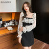 Long Sleeve Dresses Women All-match Patchwork Leisure Mini Panelled Square Collar Elegant Female Vestido Korean Style Cozy New