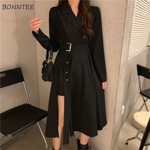 Long Sleeve Dresses Women Classy Vestidos 2022 Mujer Elegant Sashes Side Slit A-Line Charm Vintage Midi Black Empire BF Notched