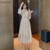 Long Sleeve Dresses Women Design Midi V-neck Temperament Floral French Style Holiday Cozy All-match Leisure College Lady Ins New