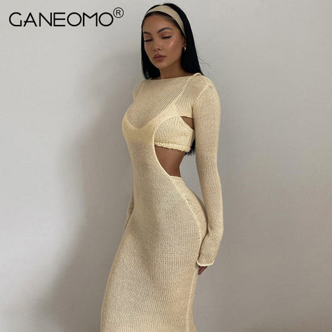 Long Sleeve Knitted Maxi Dress for Women 2023 Spring Sexy Bodycon Cut Out Party Club Tight Long Dresses Elegant Black Clothing