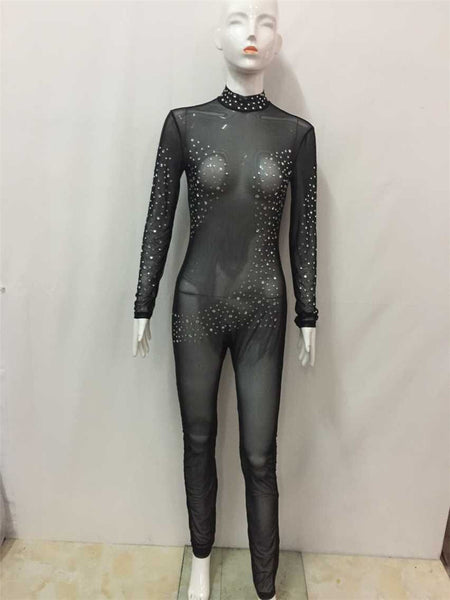Long Sleeve See Through Bodycon Jumpsuit Women Rhinestone Embellished Sexy Sheer Mesh Transparent Long Rompers Club Jumpsuits